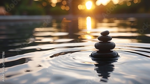 A tranquil scene of stacked stones in perfect balance on the water   s surface  basking in the golden hues of a setting sun. This image evokes peace and harmony  ideal for wellness and meditation themes