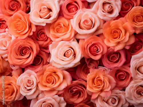 Pink and orange roses form a background inspired by the 2019 color of the year  living coral