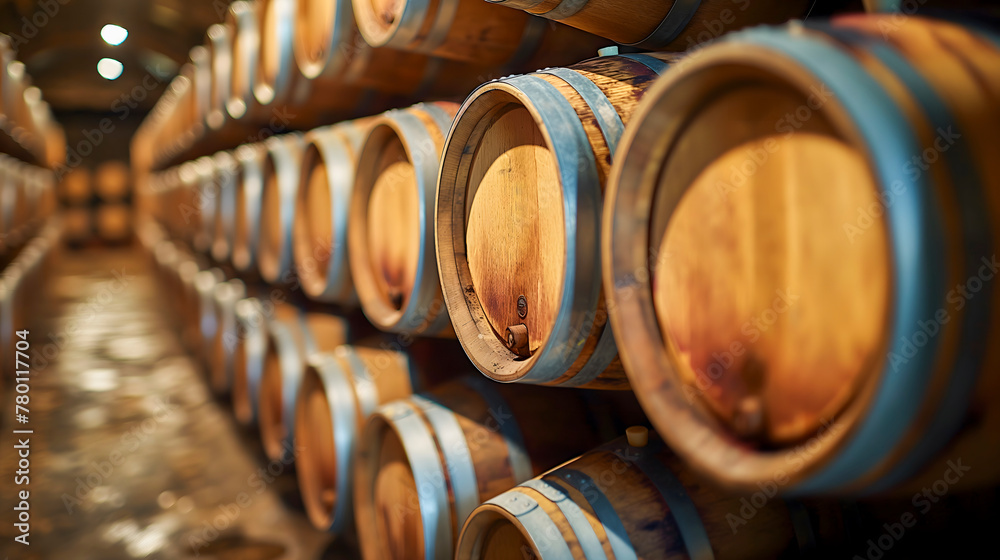 Wine barrels stacked in the cellar of winery. Selective focus.