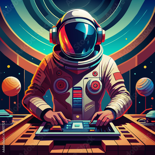 An illustration of an astronaut playing dj with a colorful background.

