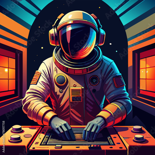 An illustration of an astronaut playing dj with a colorful background.
