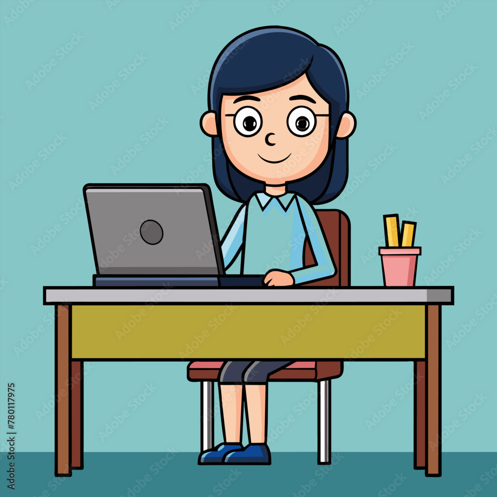 Girl with laptop. Work at computer. Smiling happy Vector illustration Girl with laptop. Work at computer. Smiling happy Vector illustration