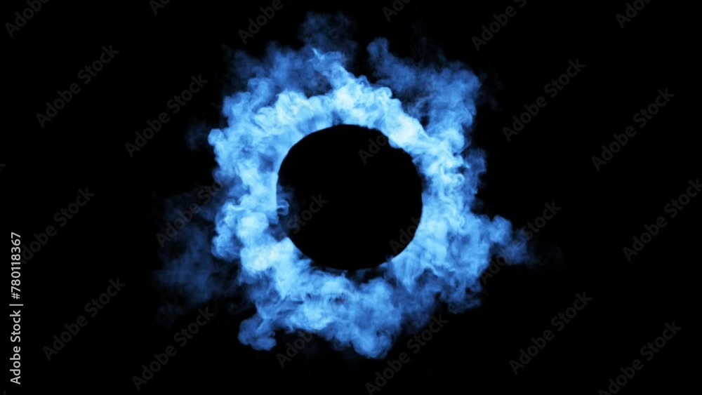Blue energy burst. Clouds of smoke black background. Realistic 3d render simulation. Magic power circle isolated element. Seamless loop.