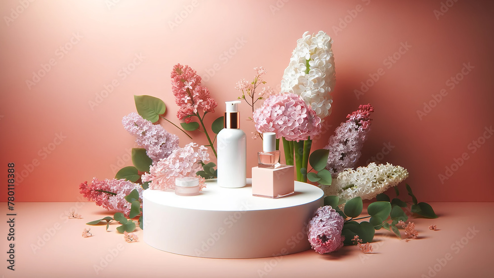 white round podium pedestal scene for beauty product, pink coral pastel background. white round podium pedestal scene for beauty product, pink coral pastel background.
