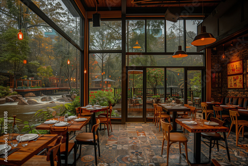 Whimsical forest mural evoking a sense of wonder and tranquility, blending seamlessly with the wooden tables and chairs arranged by the large window, inviting guests to dine amidst nature's beauty-3