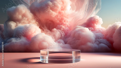 transparent podium, delicately decorated against a backdrop that mimics a pinky cloudy sky. photo