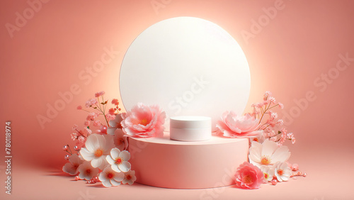 white round podium pedestal scene for beauty product, pink coral pastel background.