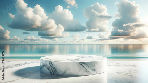 pristine white marble podium stands elegantly against a captivating ocean sky background