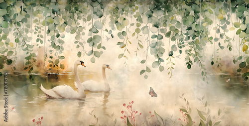 Watercolor painting pattern of flowers surrounding the lake with a pair of white geese in vintage style for wall painting photo