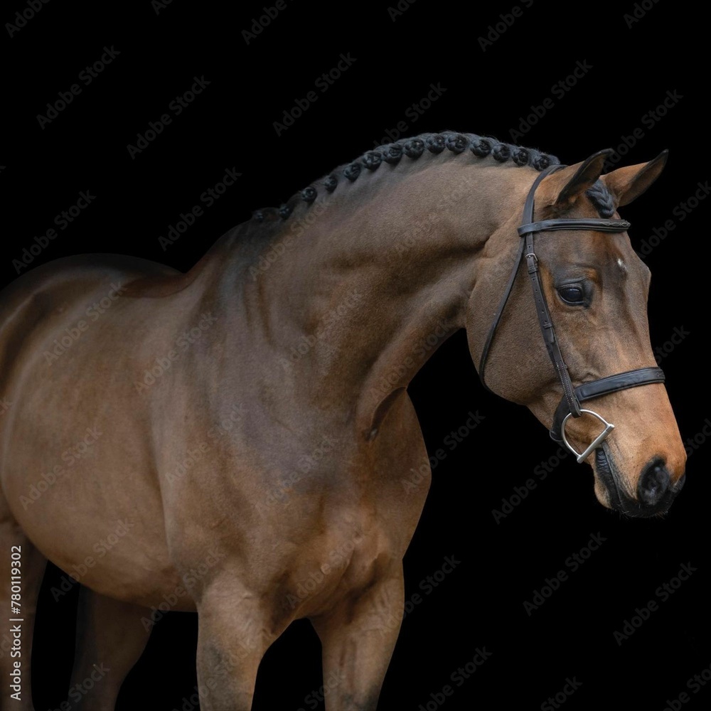 Obraz premiumElegant horse portrait on black backround. horse head isolated on black. Portrait of stunning beautiful horse isolated on dark background. horse portrait close up on black background.studio shot .