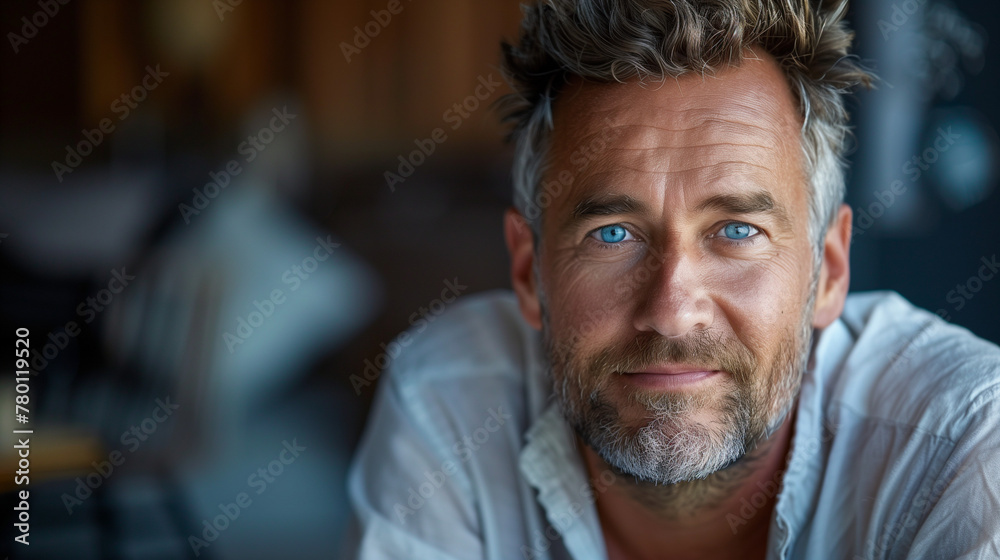 portrait of confident mature man with beard and blue eyes close up