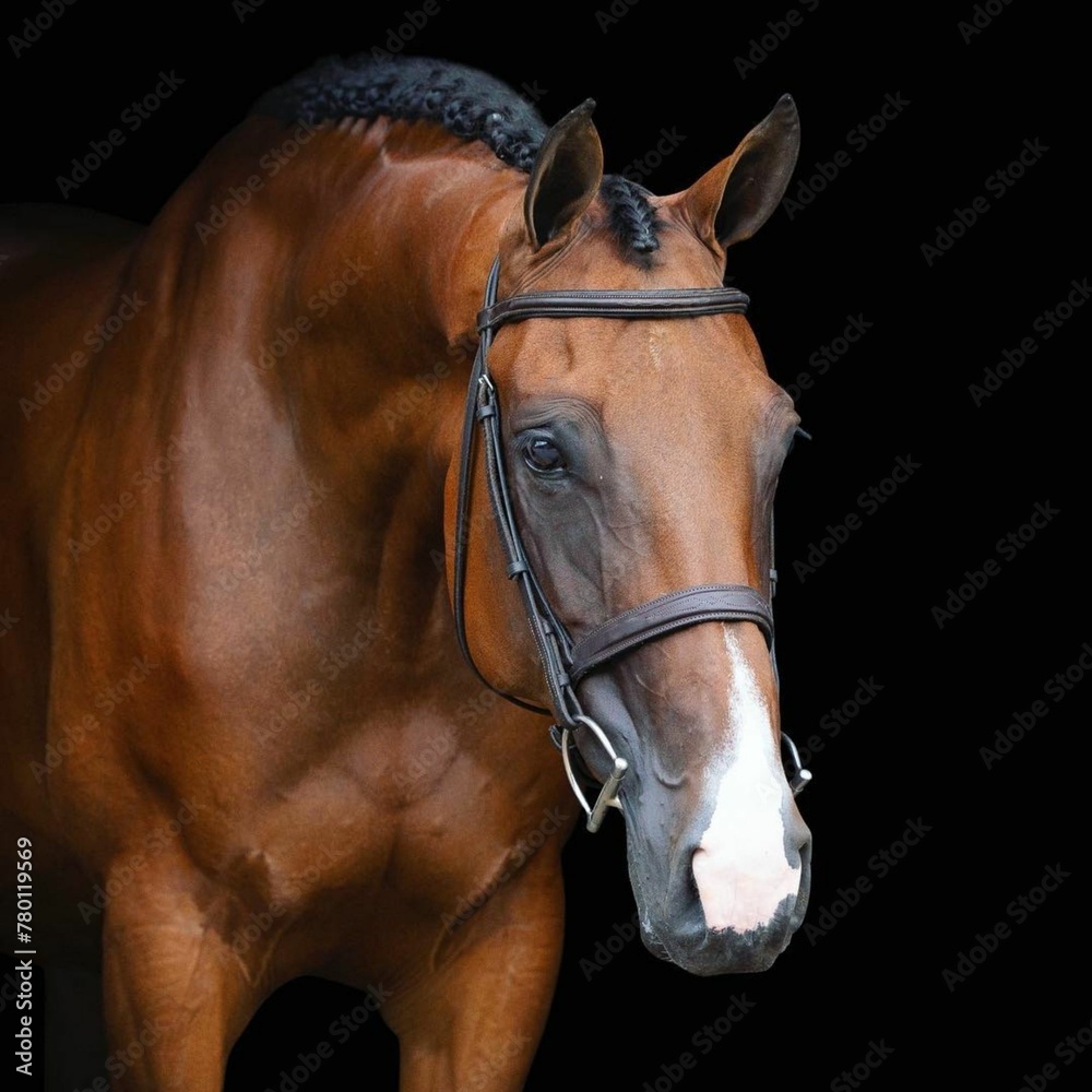 Fototapeta premiumElegant horse portrait on black backround. horse head isolated on black. Portrait of stunning beautiful horse isolated on dark background. horse portrait close up on black background.studio shot .