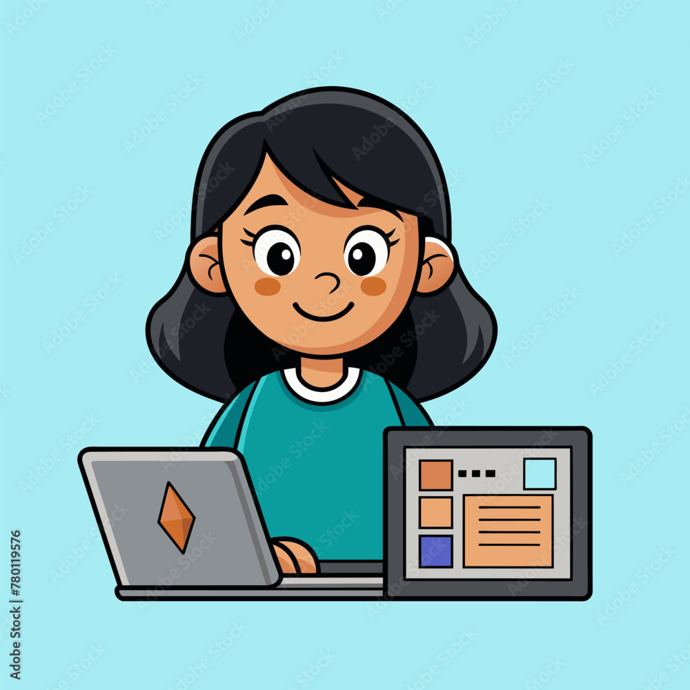 Girl with laptop. Work at computer. Smiling happy Vector illustration Girl with laptop. Work at computer. Smiling happy Vector illustration