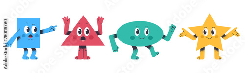 Cute geometric mascots. Funny comic shapes for math school learning, colorful figures, abstract characters with funny faces flat vector illustration set. Figures with different emotions