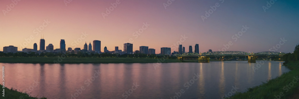 Sunset and Greater City in the background of a beautiful river lake