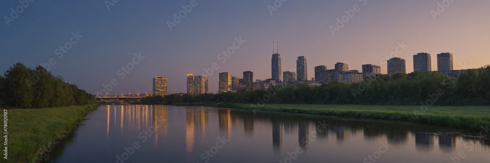 Sunset and Greater City in the background of a beautiful river lake