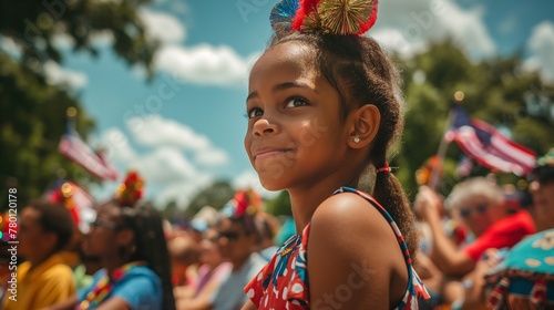 Smiling young girl enjoying 4th of July holiday, festive parade atmosphere, USA flag, vibrant summer day, patriotic concept, joyous event photo