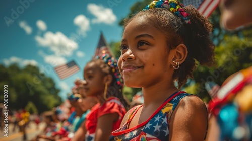 Smiling young girl enjoying 4th of July holiday, festive parade atmosphere, USA flag, vibrant summer day, patriotic concept, joyous event