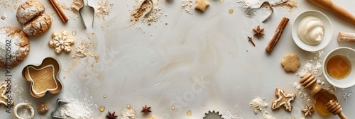 A light grey background with various baking tools and ingredients scattered around, including dough in bowls, rolling pins, Banner Image For Website, Background photo
