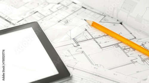 digital tablet and yellow pencil on house plan