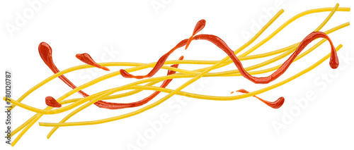 Spaghetti with tomato sauce, falling pasta ingredients isolated on white background