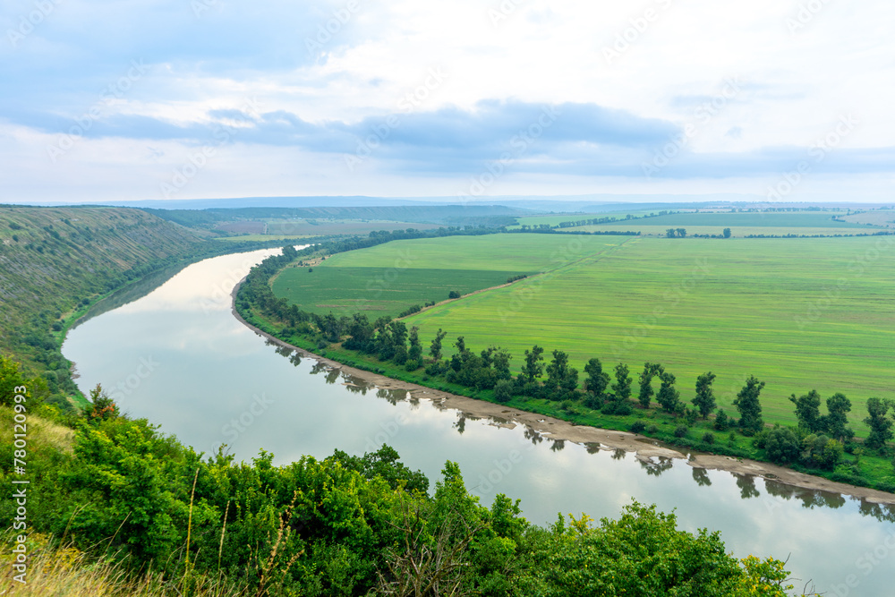 Panorama of the Dniester River. Landscape with canyon, forest and a river in front. Dniester River. Ukraine