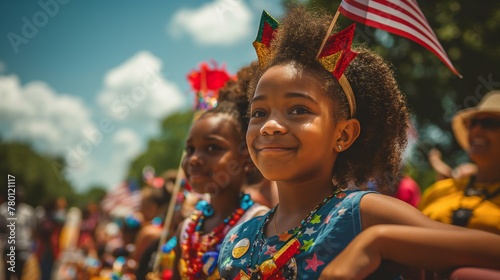 Happy child at 4th of July parade, patriotic joy, American flag in background, holiday spirit, festive crowd, sunny celebration, national pride