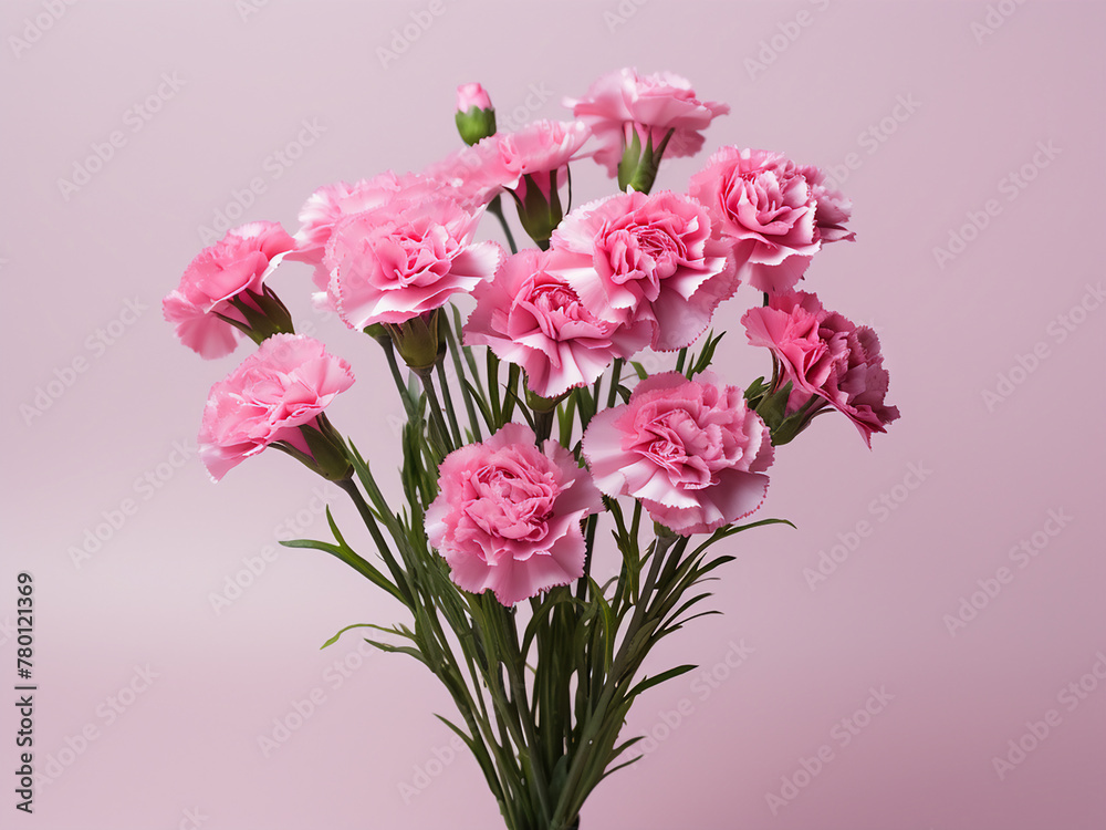 Pink carnations arranged vertically on white and pink background, offering copy space Pink carnations arranged vertically on white and pink background, offering copy space
