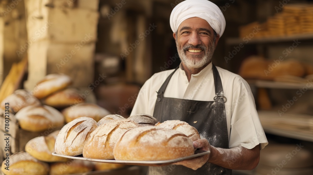 A Middle-East baker holding a tray of freshly baked bread. Food business.
