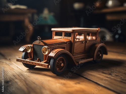 Wooden toy car on a table resonates with nostalgia and simplicity