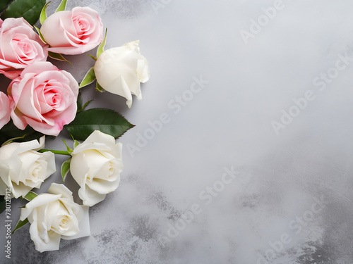 Grey texture background provides a striking backdrop for white and pink roses © Llama-World-studio