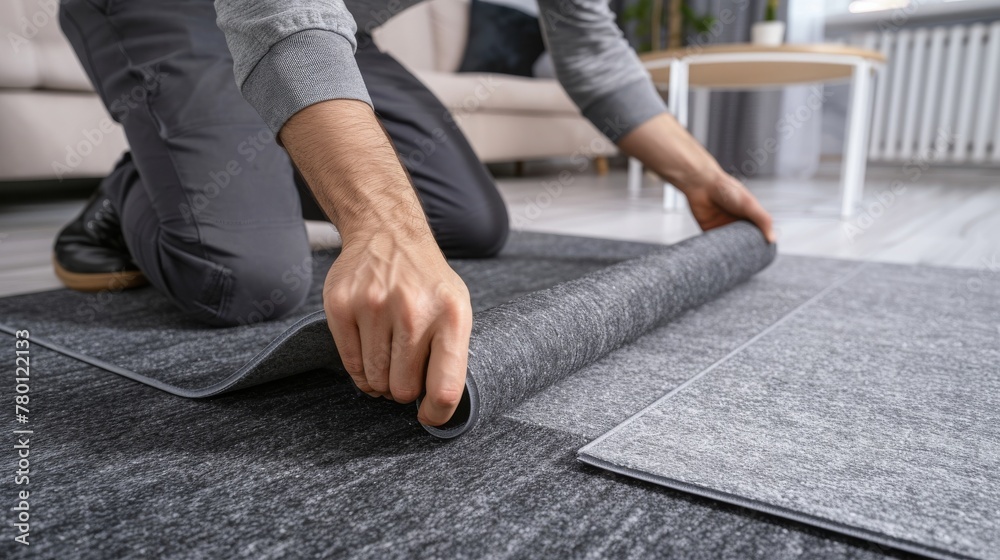man installing self adhesive carpet tiles on floor in living room at home man installing self adhesive carpet tiles on floor in living room at home