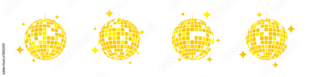 Obraz Set of gold discoball icons. Golden disco party mirrorballs in retro 70s 80s 90s retro discotheque style. Shining night club globes. Nightlife, holiday or fun symbols. Vector flat illustration