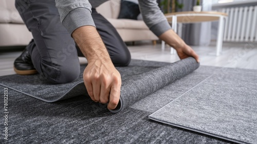 man installing self adhesive carpet tiles on floor in living room at home