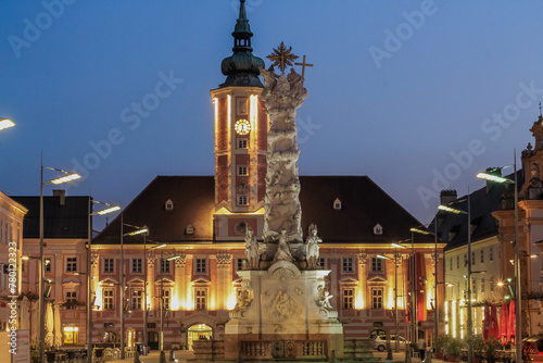 View of the historic market square with town hall in Sankt Poelten during blue hour, after sunset, Austria, Europe, panorama, baroque city, illuminated building. photo