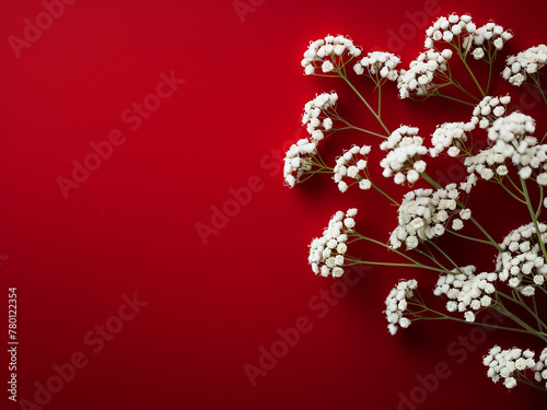 Dark red backdrop adorned with delicate white gypsophila blooms  ample space for text