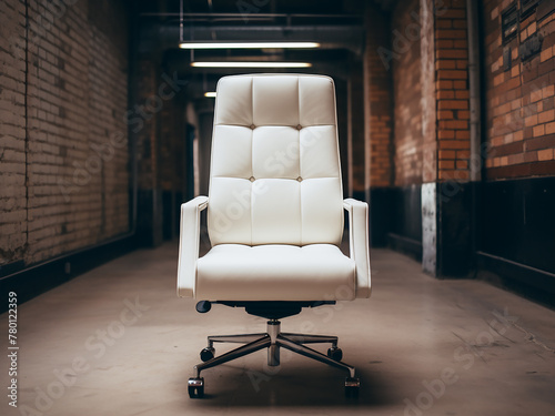 3D rendering presents a sleek white leather executive chair against a rustic brick wall
