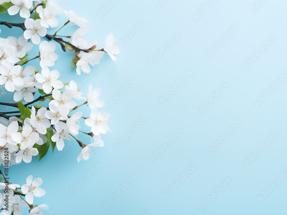 Empty space for text atop light blue background, adorned with white spring flowers Empty space for text atop light blue background, adorned with white spring flowers