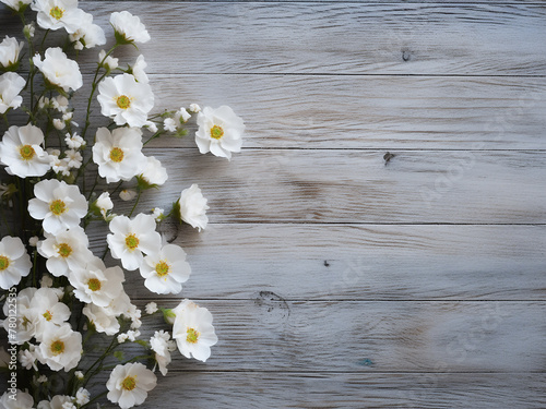White summer flowers stand out against rustic wooden background © Llama-World-studio