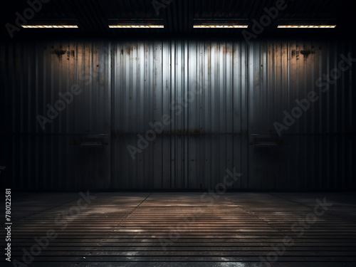 Dark corrugated metal, bolts emphasized, wide shot with vignette