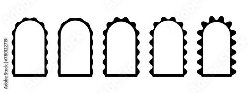 Set of arch frames with wiggly edges. Archway shapes with scallop borders. Wavy vignettes or mirrors, portals or doors, empty text boxes isolated on white background. Vector graphic illustration.