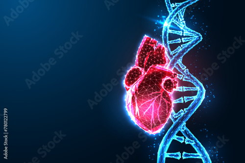 Futuristic medical concept: Anatomical heart intertwining with DNA strand on dark blue backdrop. 