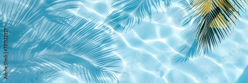 light blue water ripples background with a palm tree shadow, top view, summer concept banner design with space , summer concept banner design, light blue water ripples background 