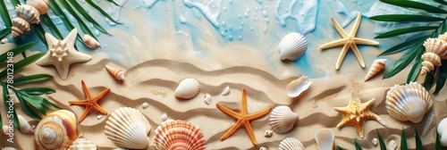 Representing travel and vacation, the background features sand with various photos of beach scenes, seashells, starfish, palm leaves, sunset, and sunbathing on it, Banner Image For Website, Background