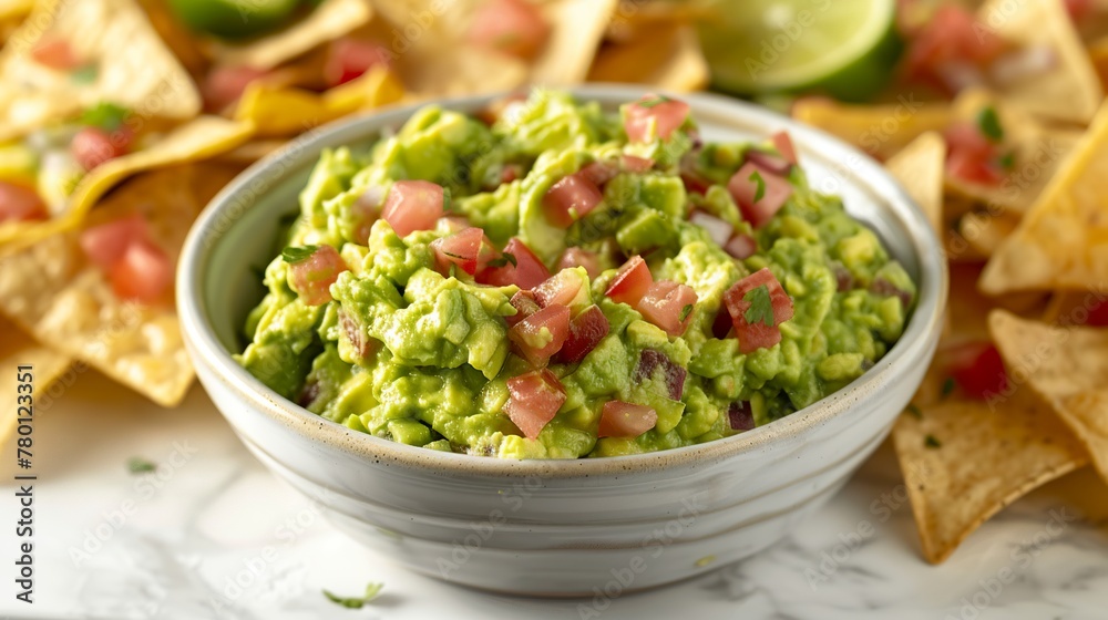 A bowl of fresh guacamole sits on an elegant marble table, surrounded by crunchy nachos. Close-up of vibrant green guacamole contrasts with the soft white of marble. A bowl of fresh guacamole sits on an elegant marble table, surrounded by crunchy nachos. Close-up of vibrant green guacamole contrasts with the soft white of marble.