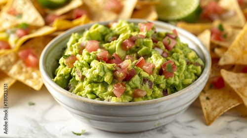A bowl of fresh guacamole sits on an elegant marble table  surrounded by crunchy nachos. Close-up of vibrant green guacamole contrasts with the soft white of marble.