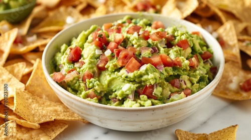 A bowl of fresh guacamole sits on an elegant marble table, surrounded by crunchy nachos. Close-up of vibrant green guacamole contrasts with the soft white of marble.