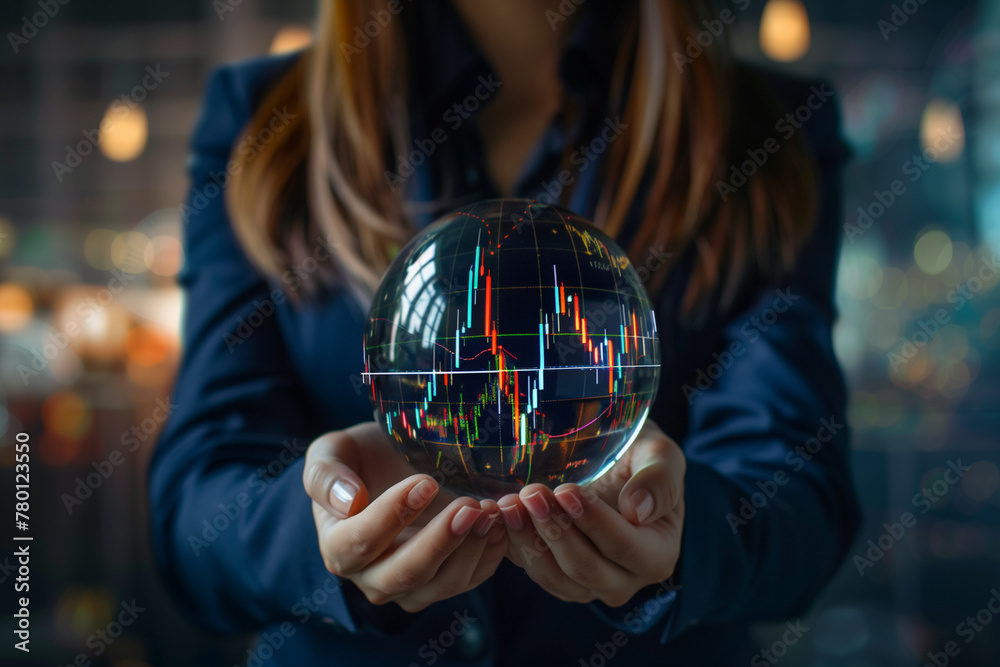 Fototapeta premium Stock market prediction, financial forecasting. Woman holding a crystal globe with a candlestick chart showing in it. High quality photo