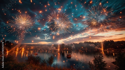 4th of July holiday fireworks spectacular, waterfront city view, joyful public gathering, patriotic celebration, twilight festivity, summer event