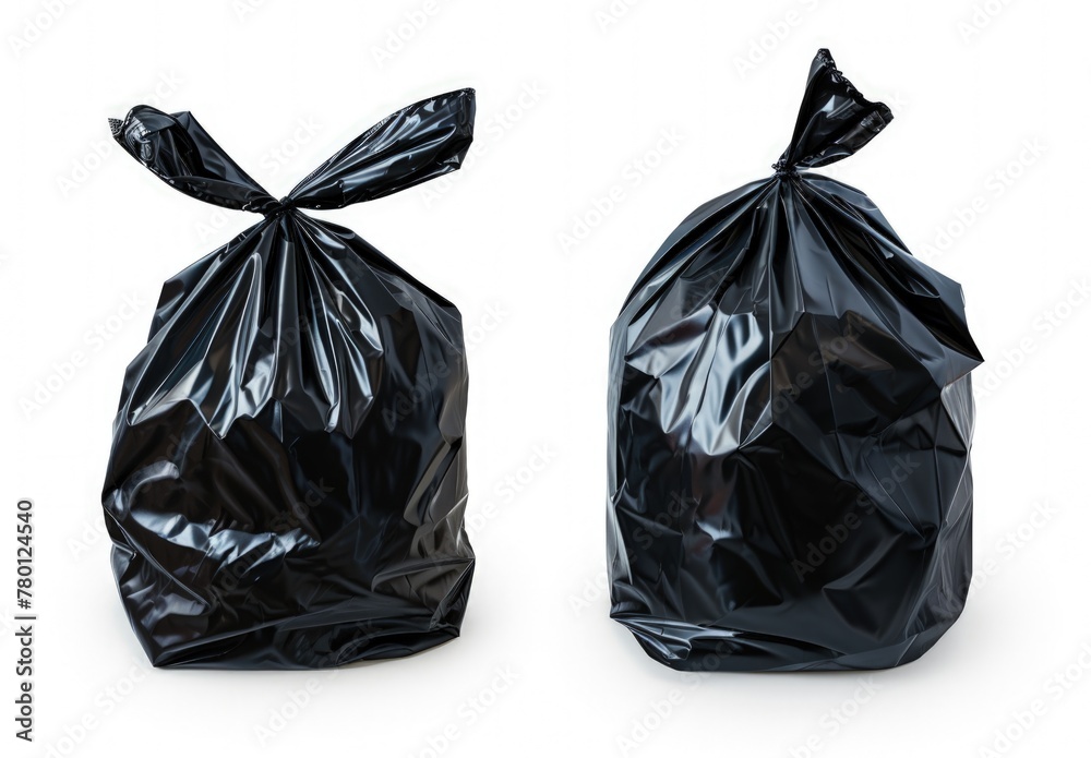 Black garbage bags on white background, concept of environmental preservation, recycling, garbage collection.